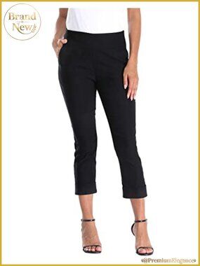Pull On Capri Pants for Women Elastic Waist Stretch Crop Work Pants w/ Pockets